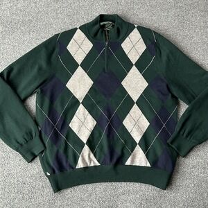 Fairway & Greene Sweater Mens Large Green Argyle Italian Merino 1/4 Zip Golf VTG